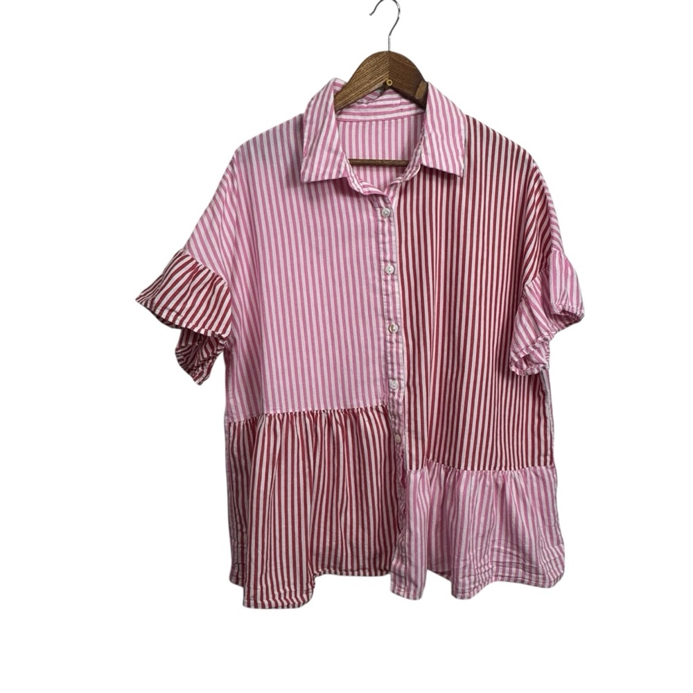 Striped Pink Button-Front Patchwork Cotton Top XL - Picture 2 of 8